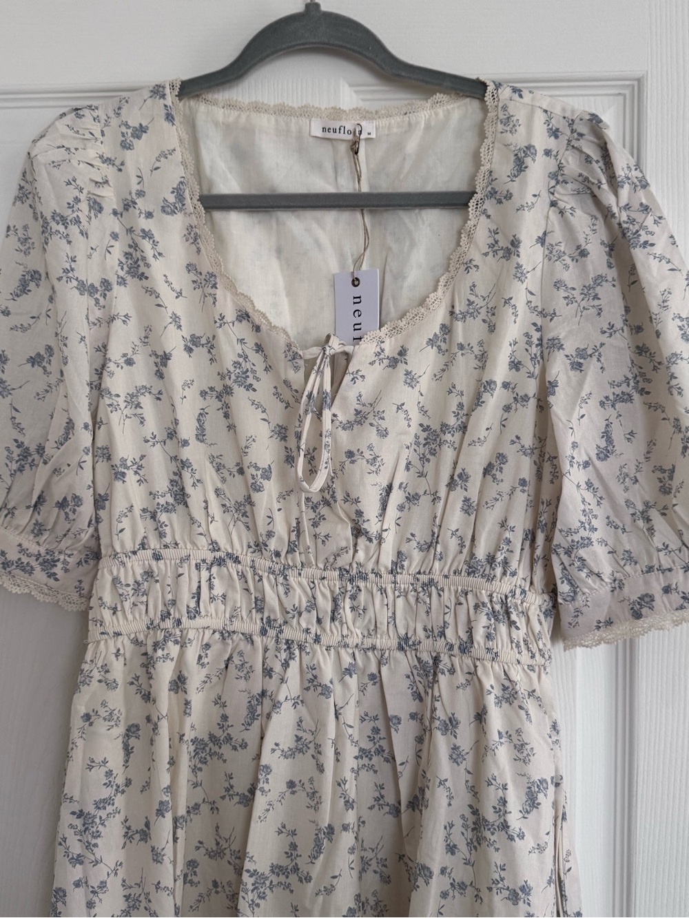 Neuflora Cream Midi Dress with Blue Floral Print